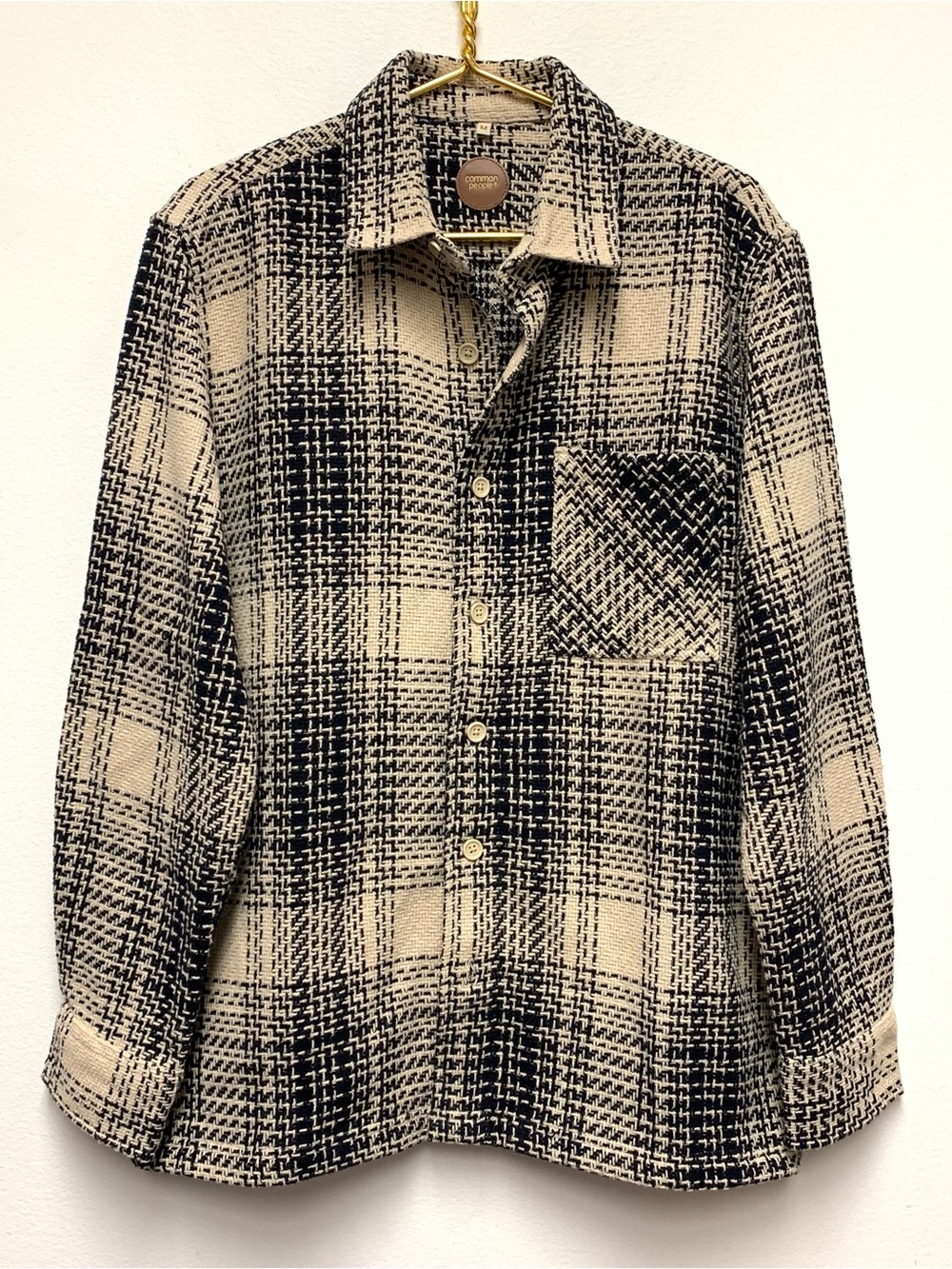 Common People Heavy Tweed Plaid Overshirt Jacket Size Medium Shacket Black Beige